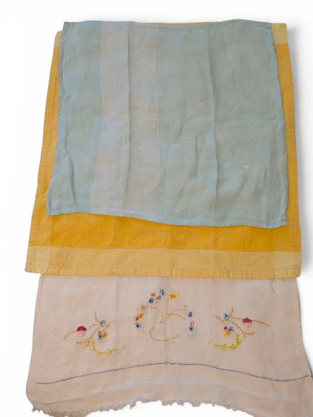 VINTAGE Embroidered Linen Tea Towels Cream Yellow Aqua 3-Set Lot